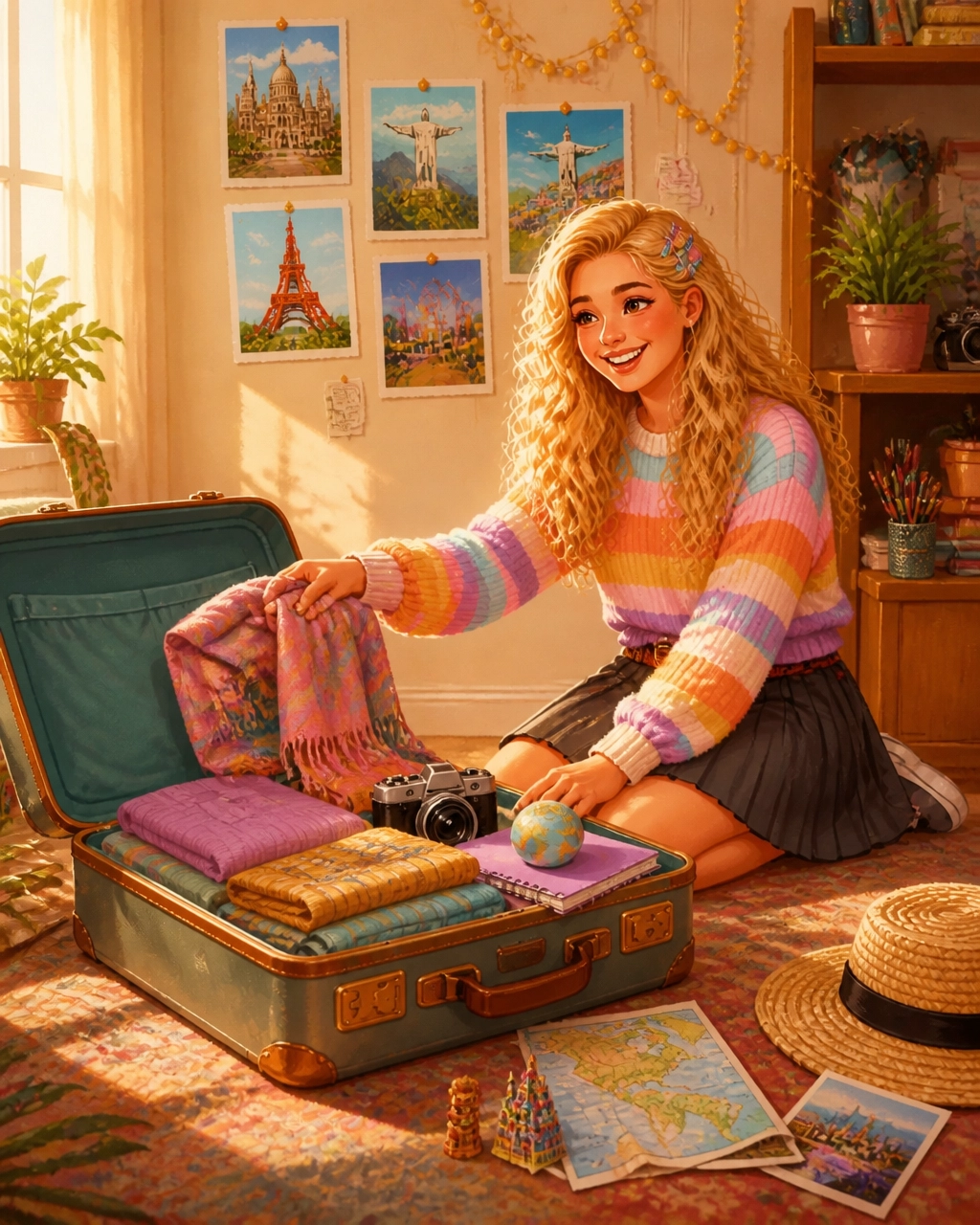 Bella prepara una maleta colorida con un mapa y una cámara
